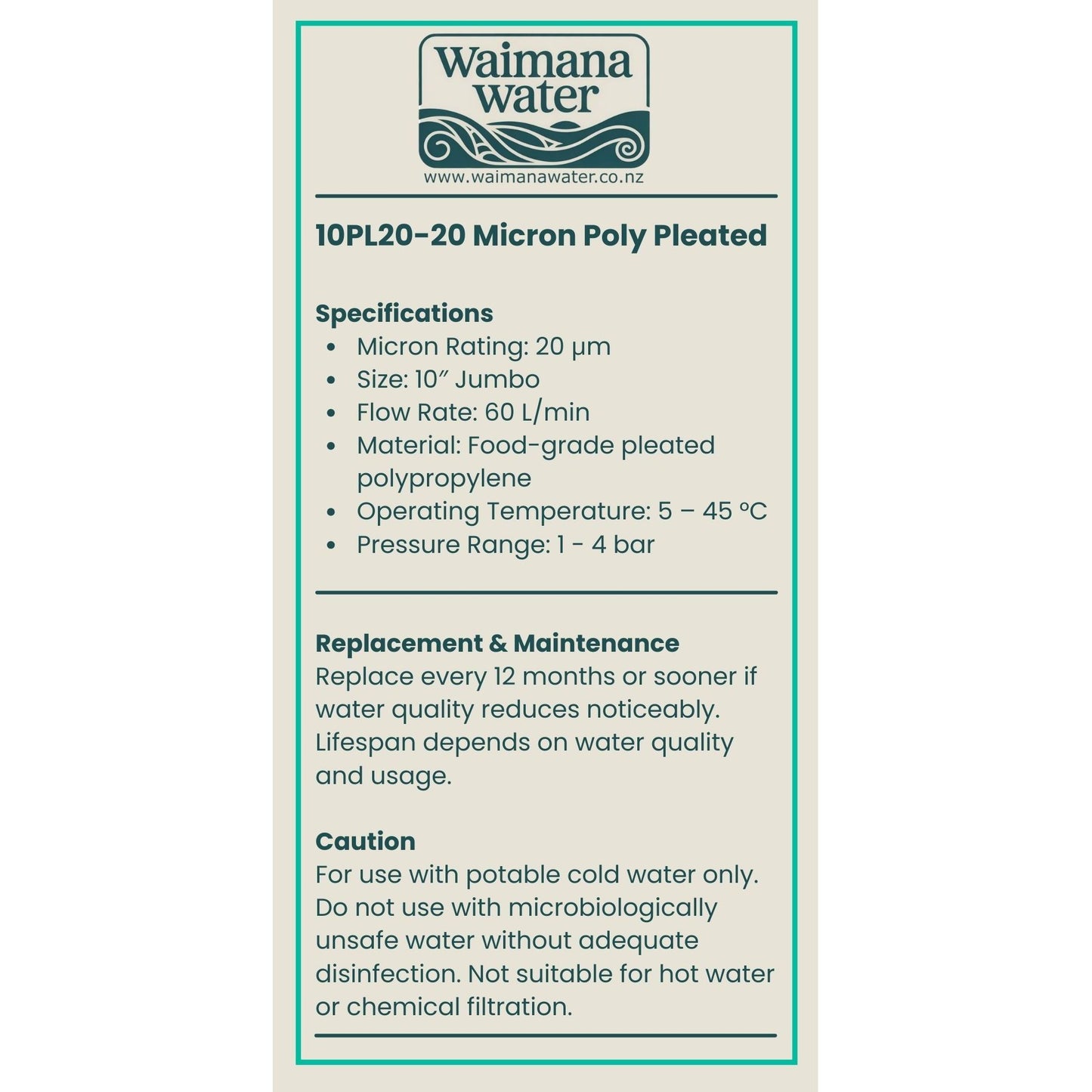 Waimana 10 Inch Jumbo Pleated Sediment Filter - 20 Micron, Cleanable & Reusable NZ