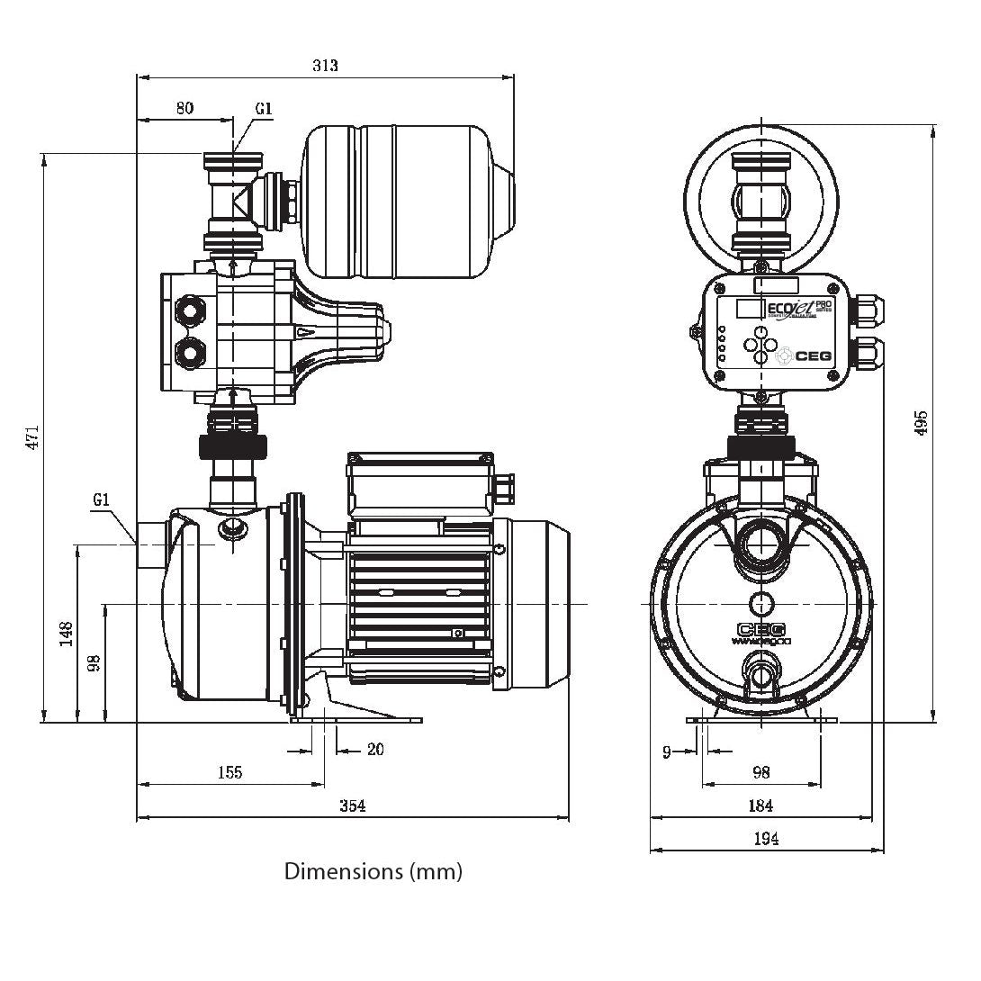 ECO Jet 1000 PRO – 0.75kW Jet Pressure Pump with Adjustable Pro Controller & 2L Tank