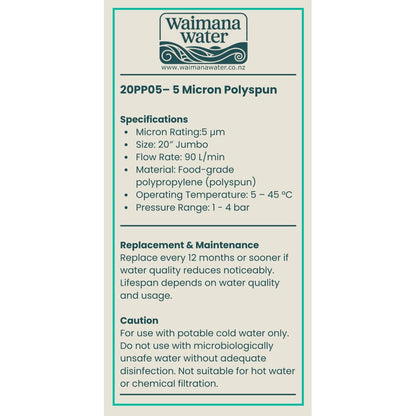Waimana 20 Inch Jumbo Polyspun Sediment Filter - 1, 5 & 10 Micron Options NZ
