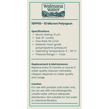 Waimana 10 Inch Jumbo Polyspun Sediment Filter - 1, 5 & 10 Micron Options NZ