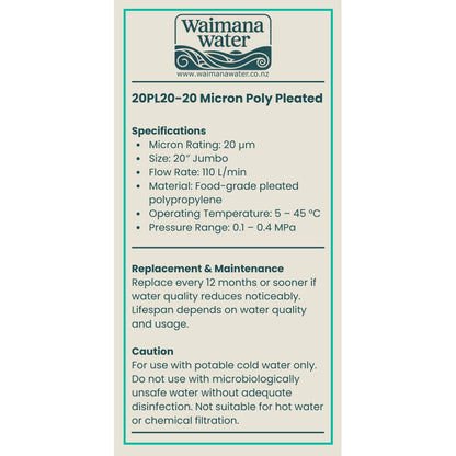 Waimana 20 Inch Jumbo Pleated Sediment Filter - 20 Micron, Cleanable & Reusable NZ
