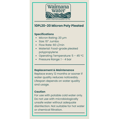 Waimana 10 Inch Jumbo Pleated Sediment Filter - 20 Micron, Cleanable & Reusable NZ