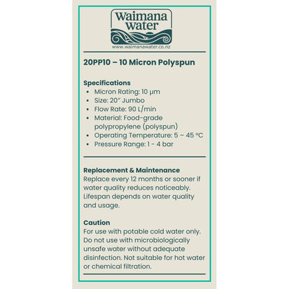 Waimana 20 Inch Jumbo Polyspun Sediment Filter - 1, 5 & 10 Micron Options NZ