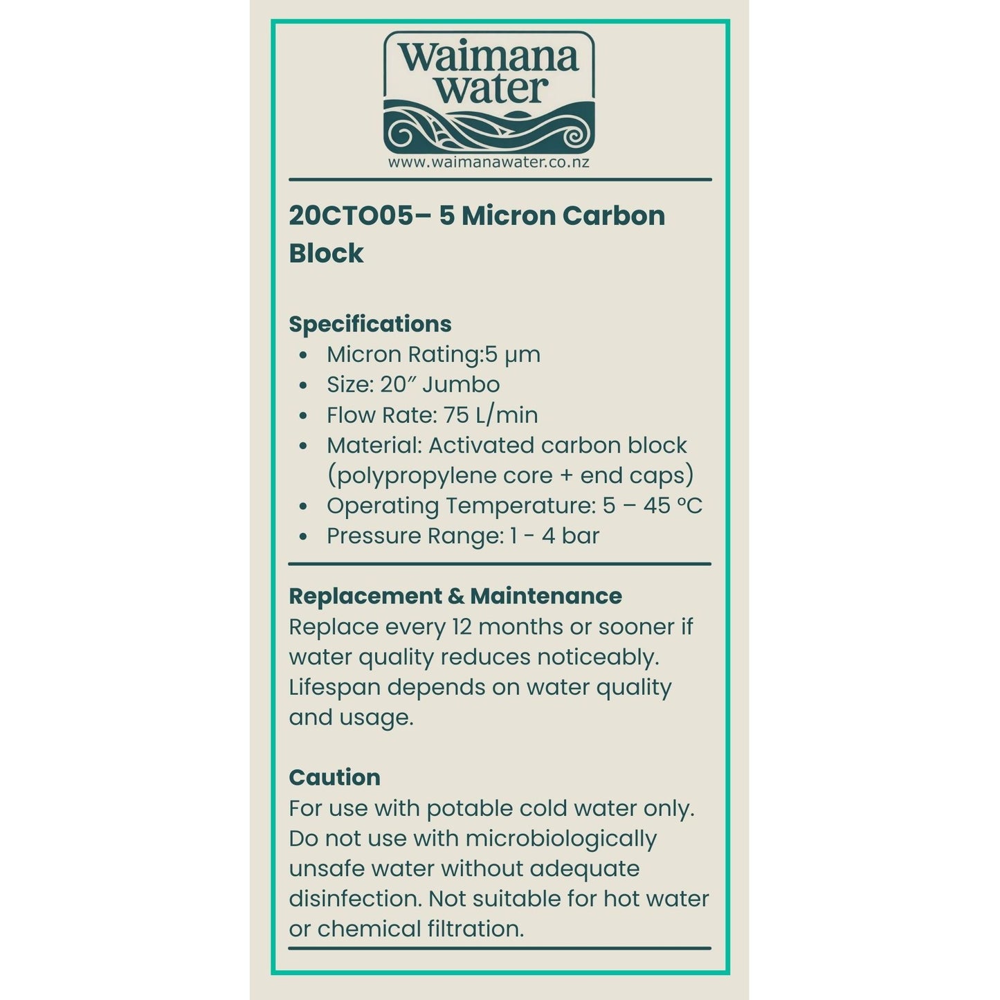 Waimana 20 Inch Jumbo Carbon Block Filter - 5 Micron, Chlorine & Taste Removal NZ