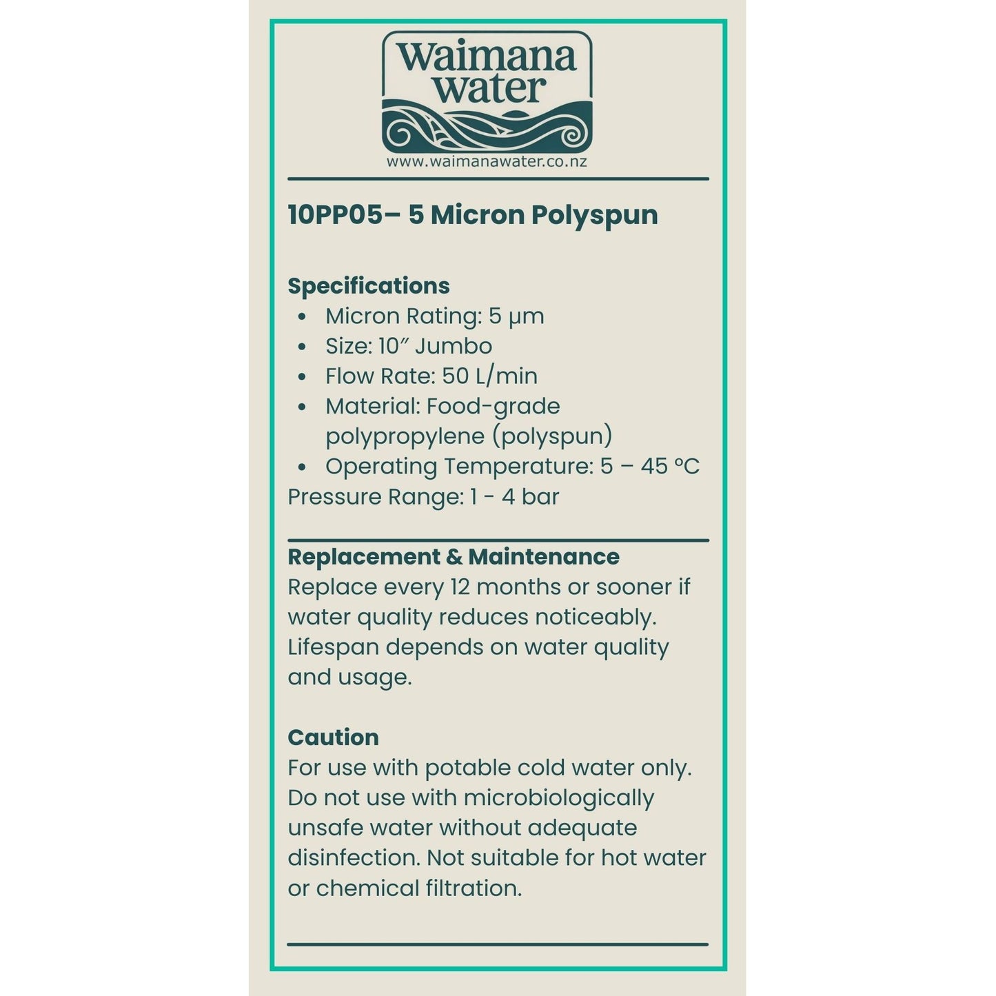 Waimana 10 Inch Jumbo Polyspun Sediment Filter - 1, 5 & 10 Micron Options NZ