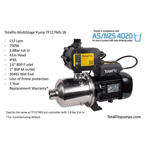 TotalFlo TF117MS-18 Multistage Pressure Pump with Controller - High Flow Tank & Mains Boosting NZ